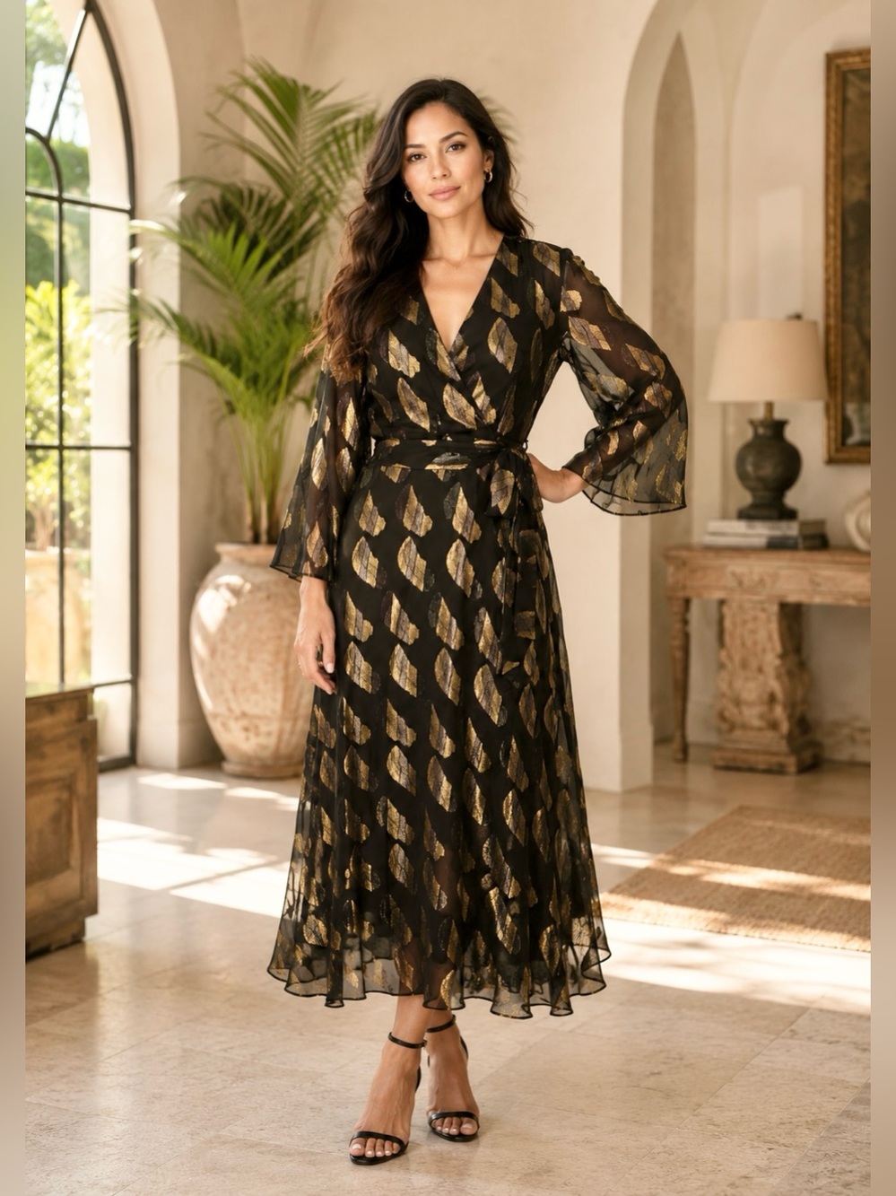 & Other Stories Paris Atelier Black Sheer Metallic Wrap Dress Size 4